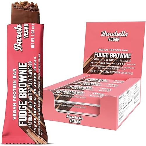 Barebells Vegan Protein Bars Fudge Brownie, Plant Based with High Protein - Chocolate Protein Bars - Perfect on The Go Protein Snack & Breakfast Bars 12 Count (Pack of 1)
