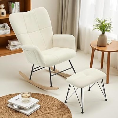 KEEZY Rocking Chair Nursery with Stool,Upholstered Glider Rocker,Rocking Accent Chair with Padded Seat with High Backrest,Reading Chair,Armchair Comfy Side Chair for Living Room Bedroom (Beige)