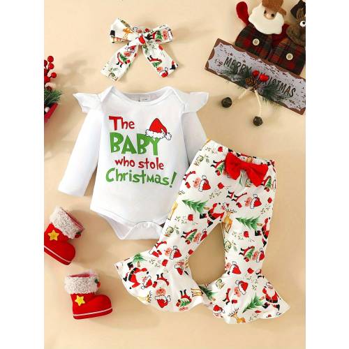 Cute 3-Piece Baby Girl Christmas Outfit Set - 'Stealing Christmas Baby' Long Sleeve Romper, Festive Flared Pants, And Matching Headband - Soft Cotton Blend, Comfortable For Autumn And Winter, Perfect For Outdoor Activities