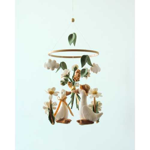 Floral goose baby mobile, meadow nursery decor, handmade felt geese mobile, neutral nature crib mobile