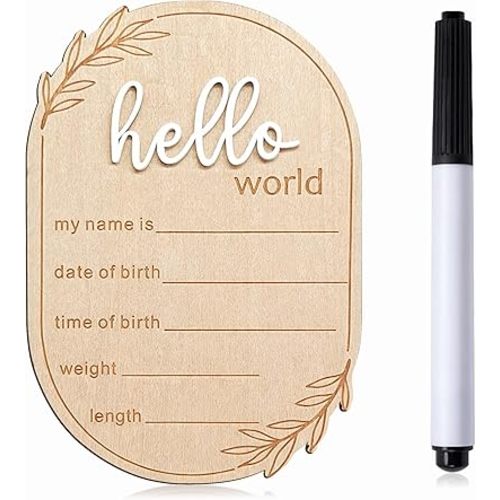 Baby Announcement Sign, 5.9x4.1 Inch Wooden Hello World Newborn Signs Birth Babys Name Plaques Birth Announcement Sign for Newborn Boys and Girls Photo Prop Baby Shower Hospital Nursery Gift