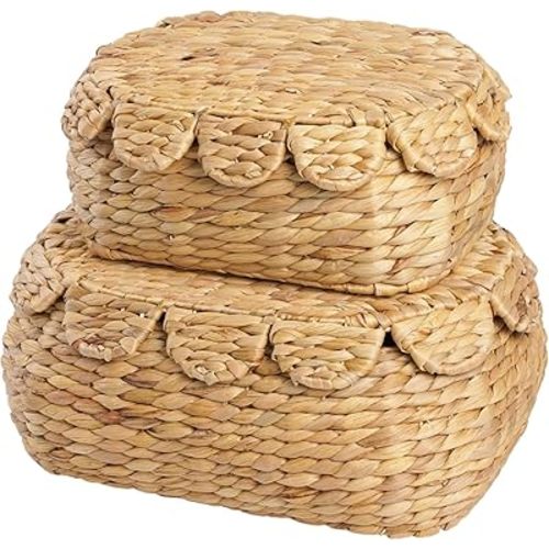 Boho Rattan Basket Set of 2, Scalloped Wicker Storage Baskets with Lids, Handwoven Woven Storage Basket Decorative Basket, Vintage Picnic Basket, Wicker Bread Basket, Natural Decorative Storage