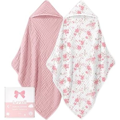 Looxii Baby Bath Towels 2 Pack Muslin Hooded Baby Towels for Newborn and Infants, 100% Cotton, Large 32x32Inch, Soft and Absorbent