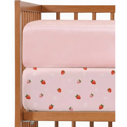 2-Pack Mini Crib Sheets Fitted - Pack N Play Sheets for Pack and Play Mattress - Stretchy Soft Microfiber Playard Bedding - Mini Toddler Bed Cover for Boys & Girls - Oeko-Tex - 38 x 24in, Strawberries