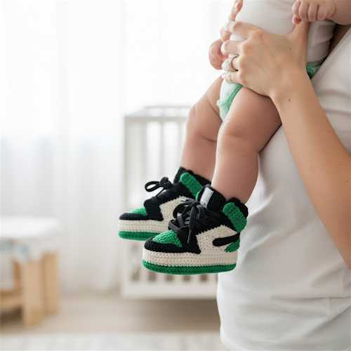 Crochet Baby Jordan Sneakers | Green Baby High-Top Booties | Unisex Newborn Gift | Baby Shower & Gender Reveal | Basketball Gifts For Babies