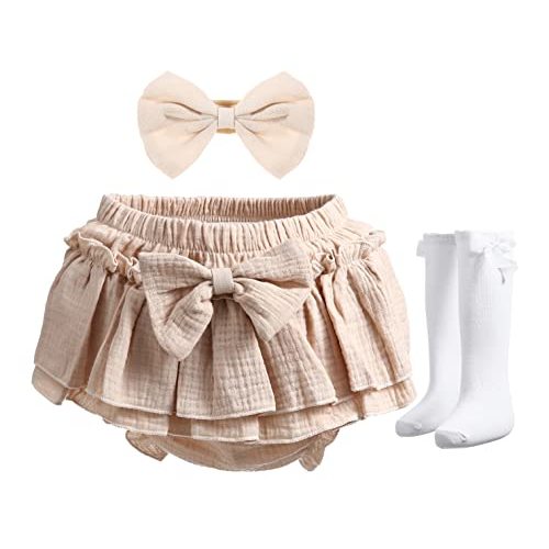 Purbasvi Newborn Baby Girl Cotton Skirts with Built-in Shorts Toddlers Ruffle Diaper Covers Infant Skorts with Bows Headband