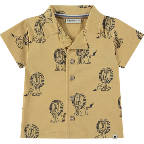Lions Print Collar Neck Short Sleeve Shirt, Mustard Ochre - Babyface Tops | Maisonette