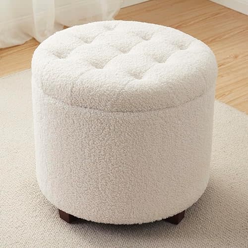 Ornavo Home Decor Round Ottoman with Storage, Round Vanity Chair Stool Ottoman Pouf with Storage for Living Room and Bedroom, Boucle White