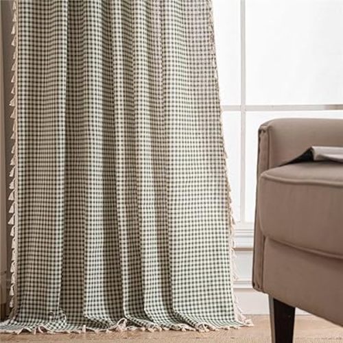 Vintage Paid Curtain 84 inch Length Cotton Blend Gingham Curtain Panels for Living Room 1 Panel Tassel Drape for Home Decor W55 X L84 Inch
