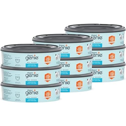 Diaper Genie Unscented Round Refill 9-pack with a continuous film that can hold up to 2,430 newborn-sized diapers.