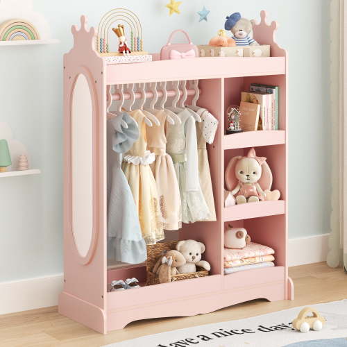 Curipeer Kids Dress up Storage with Mirror,Armoire Wardrobe Closet for Kids Room,Pink