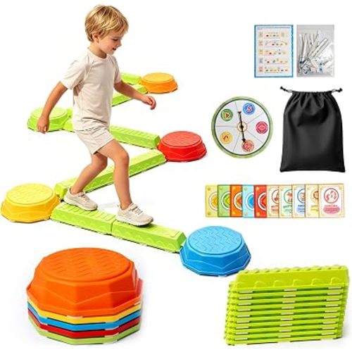 15PCS Balance Beams Stepping Stones for Kids Ages 3-5, Non-Slip Obstacle Course Sensory Toys with Bonus Silicone Anti-Slip Strips, Indoor & Outdoor Toys for Outside Play Games, Gift for Boys and Girls