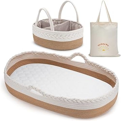 Baby Changing Basket by The Baby Wey, Moses Basket, Foam Basket Pad, 2 Washable Waterproof Pad Covers, Matching Diaper Caddy, Cloth Tote Bag for Traveling, Portable Changing Pad