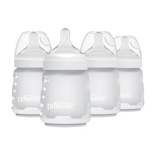 Dr. Brown's Silicone Baby Bottle with Collapsible Insert Designed to Reduce Colic, 5 oz with Wide-Neck Level 1 Slow Flow Nipple, 0m+, White/Ecru, 4-Pack