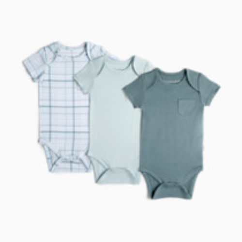 Tiny Kind Bamboo Viscose Bodysuit with Pocket (3 Pack) - Blue Plaid, Sky Blue, Slate Blue, 3-6