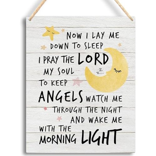 Baptism Christian Bible Verse Wall Decor - Now I Lay Me Down to Sleep, Starry Night Sky Wooden Hanging Sign Decor Gifts for Boys Girls, Kids Room, Nursery, Living Room, 8x10 Inches -B35
