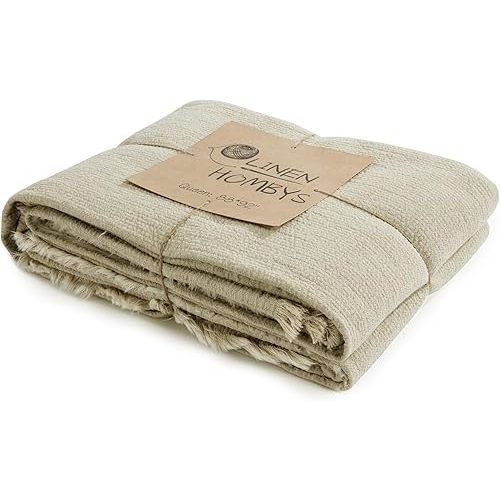 HOMBYS 92"x108" 100% Pure Linen Oversized King Blanket-Soft Linen Reversible Throw Lightweight Blanket in Natural Color Bed Blanket(Flax Color, 92"x108")