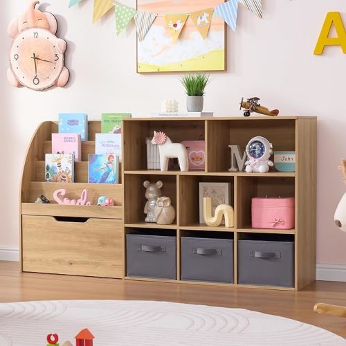 Kids Bookshelf and Toy Storage, Toy Storage Organizers with Movable Drawers & 3 Storage Bins, Kids Reading Nook Toy Organizers Shelf with 5 Cubbies, Natral Wood