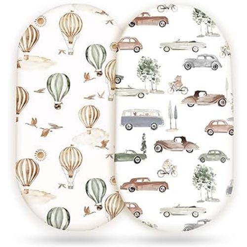 GRSSDER Stretchy Ultra Soft Fitted Bassinet Sheet Set 2 Pack, Universal Fitted for Bassinets Baby Cradle Moses Basket Oval Rectangle Mattress Safe and Snug, Neutral Pattern of Cars Print