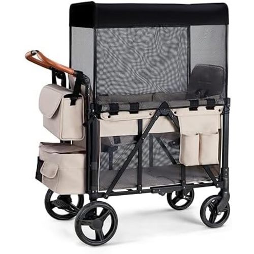 Wagon Stroller for 2 Kids, Foldable Wagon for Kids and Infants, All Terrian Wheels with Shock-Absorbing, 5 Point Harness, Removabel Canopy and Ample Storage Bag Included (Beige)