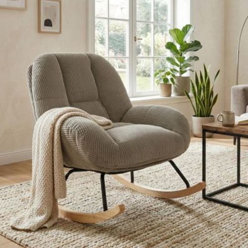 Homy Casa Serena Corduroy Rocking Chair with High Back and Rubberwood Runners for Nursery, Bedroom, Living Room and Reading Nook, Grey