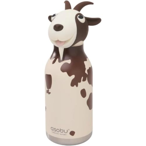 asobu Bestie Bottle Insulated Stainless Steel Water Bottle with Detachable Soft Animal Head Fun Drinking For Kids and Teens with Flexible Reusable Straw 16 Ounce (Goat)