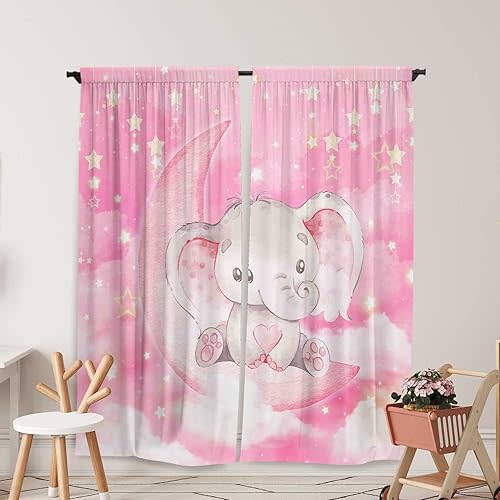 Watercolor Elephant Window Curtains for Kids Boys Girls Pink Twinkle Star Baby Living Room Bedroom Nursery Toddler Home Rod Pocket Drapes Party Decor Durable Fabric 82 in x 84 in