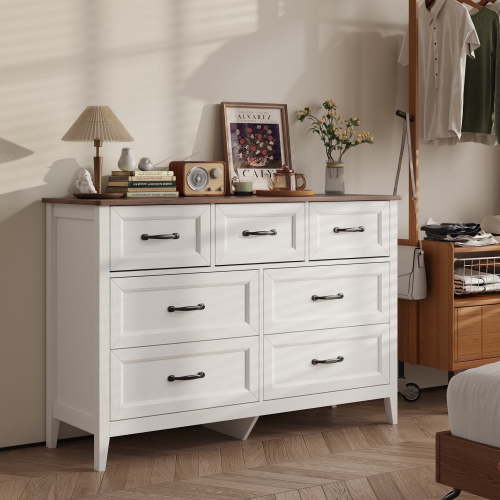 Dresser for Bedroom, Asofer 7-Drawer White Dresser Cabinet with Metal Handle, Retro countertop