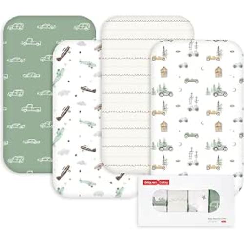 Gllquen Baby Bedside Sleeper Sheets 4 Pack, Breathable Cozy Fitted Mattress Sheet, Elastic Travel Crib Fashionable Pattern, Standard Cradle Safe Sheets for Baby Boys Girls 33"x20"(Retro Traveler)