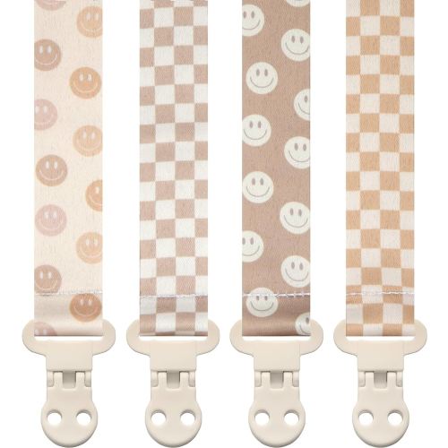 Stadela Baby Pacifier Clip Holder - Girl or Boy Unisex 4 Pack Gift Set - Retro Checker and Smiley Faces Design