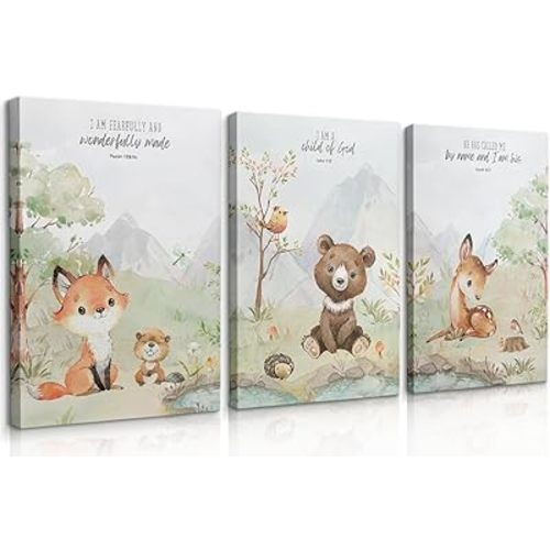 3Pcs Woodland Animal Christian Canvas Wall Art Kids Bible Verses Wall Decor Wild Animals Posters Prints Baby Forest Nursery Paintings Pictures Fox Bear Deer Watercolor Artwork(8x10in Canvas)