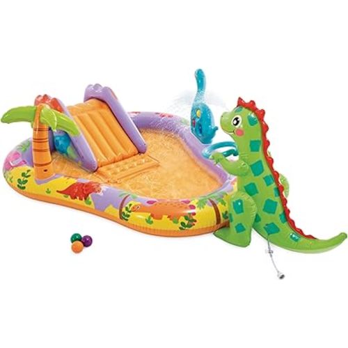 INTEX Dino Park Inflatable Kiddie Pool: Inflatable Kids Pool with Water Sprayer and Slide – Splash Pad – 79" x 62" x 27" – Ages 3+