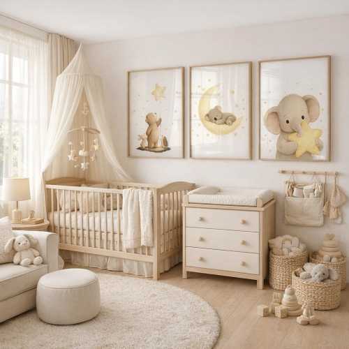 Animal Nursery Wall Art Set of 3, Bear, Elephant, Moon, Baby Room Nursery Decor,