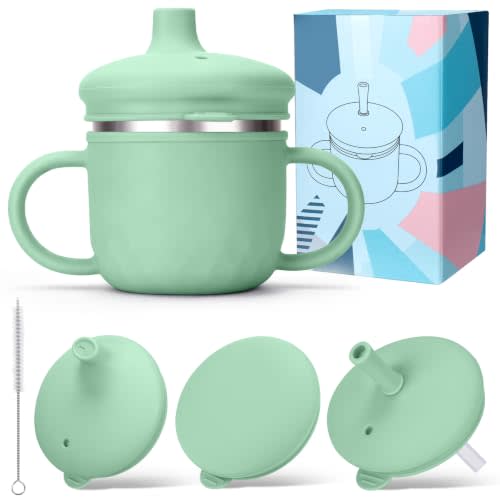 BUSOHA 3 IN 1 Stainless Steel Toddler Sippy Cup - 8oz Baby Sippy Cup | Food-Grade 304 Stainless Steel and Silicone,Spill-Proof Toddler Straw Cup with Brush,Dishwasher Safe,Green