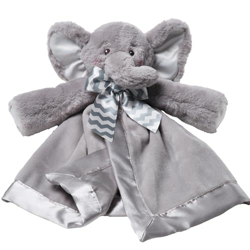 Bearington Baby Lil' Spout Snuggler - 15" Elephant Lovey Security Blanket with Satin Trim and Chevron Bow - Soft Plush Lovie for Babies and Baby Security Blanket Gift for Girls and Boys