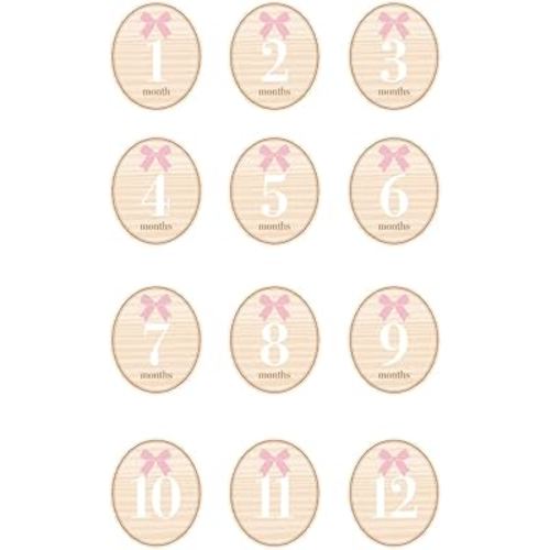 Kate & Milo Wooden Baby Monthly Milestone Discs, Oval with Pink Bows, 12-Piece Double-Sided Month Markers for Newborn Photo Props