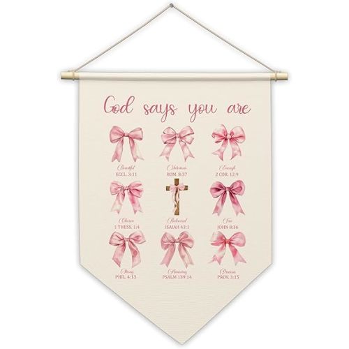 Christian Canvas Hanging Pennant Flag, Pink Bow Hanging Banner Wall Sign Decor Gifts, Nursery Toddler Room Decor, Birthday Christmas Wall Art Decoration Gifts For Baby Kids Girls, 05