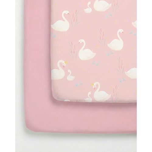 Pack and Play Sheets Fitted - 2 Pack Mini Crib Sheets for Pack N Play Mattress - Unisex Playard Bedding for Boys & Girls - Breathable & Wrinkle Free - Machine Washable - Oeko-Tex - 38 x 26in - Swans