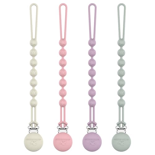 Cuddle Campus Silicone Pacifier Clip Holder with One Piece Design, Pack of 4 Soft Flexible Binky Clips with Texture for Baby Boy and Girl (Set 2, 4 Pack 0-6m Round)