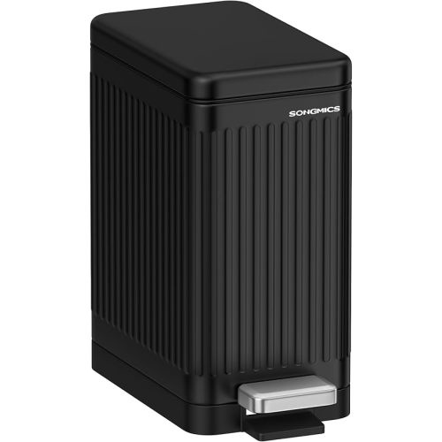 SONGMICS Bathroom Trash Can, 2.6-Gallon (10 L) Trash Bin with Lid, Slim for Small Spaces, Stainless Steel Garbage Can, Soft Close, Black ULTB562B01