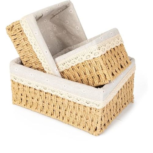 Wicker Baskets with Liner for Counter, Natural Paper Rope Rattan Storage Basket,Hand Woven Pantry Table Organizer Bins for Bedroom Living Room School Shelves Office Desk (3 Pack Beige)