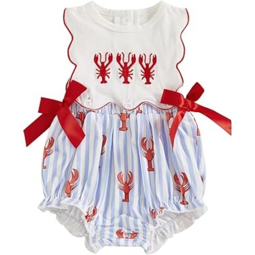 VSQWLZT Baby Girl Summer Striped Crawfish Romper | Newborn Infant Smocked Bubble Summer Sleeveless Onesie Striped Crawfish Embroidered Romper