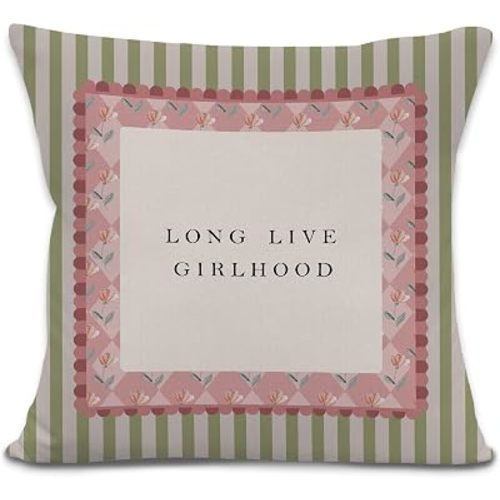 Girl Nursery Pillow Covers 18x18 Inches, Girls Room Decor, Long Live Girlhood Decorative Pillowcase Cases, Pink and Green Striped Throw Pillow Covers for Couch Sofa Bed Kids Girls Room Decor