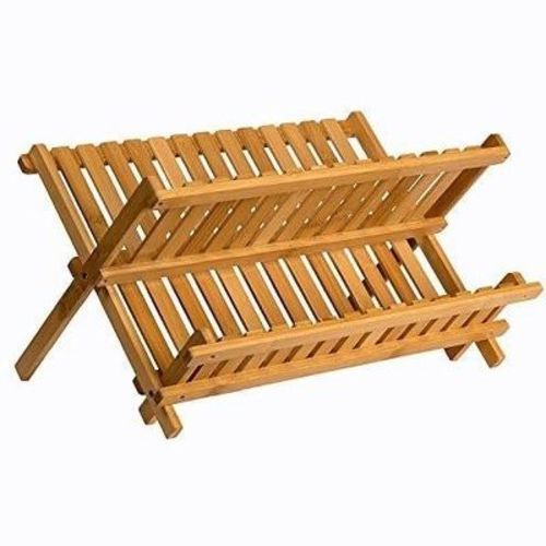 Bamboo Drying Rack - 2 Tier Wooden Dish Drainer - Collapsible Compact Plate Rack for Kitchen - Homeitusa