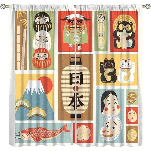 Japanese Culture Curtain Eastern Asia Koi Cartoon Characters Privacy Anime Printed Rod Pocket Blackout Window Drapes for Living Room Bedroom 55" W X 63" L
