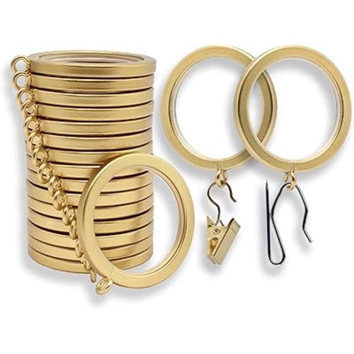 BlastHome® Luxury Curtain Rings – Premium Metal with Quiet, Smooth, Removable Nylon Inserts – Pinhooks and Clips Included – 1 1/2" Inside Diameter – 18 Rings for Two Standard Curtains – Brushed Gold