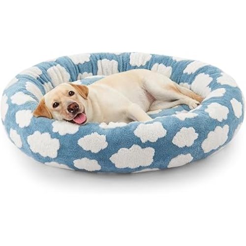 JOEJOY Jacquard Donut Round Dog Beds Large Sized Dog,Blue 36x36x8in, Removable Washable Cover, Cute Pattern, Ultra Soft Fluffy Calming Pet Bed with Thick Supportive Bolster