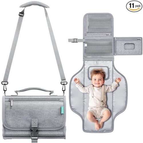 Portable Diaper Changing Pad with Shoulder Strap, Detachable Travel Changing Pad with Baby Wipes Pocket, Gifts for Baby Shower, Newborn Girls and Boys (Austere Grey)