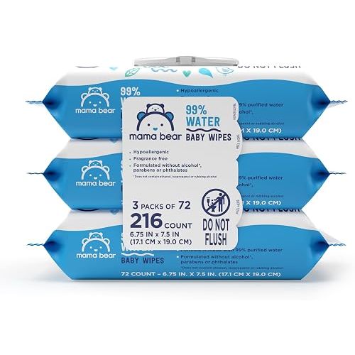 Amazon Brand - Mama Bear 98% Water Baby Wipes, Hypoallergenic, Fragrance Free, 216 Count Total (3 Packs of 72 Wipes Each)