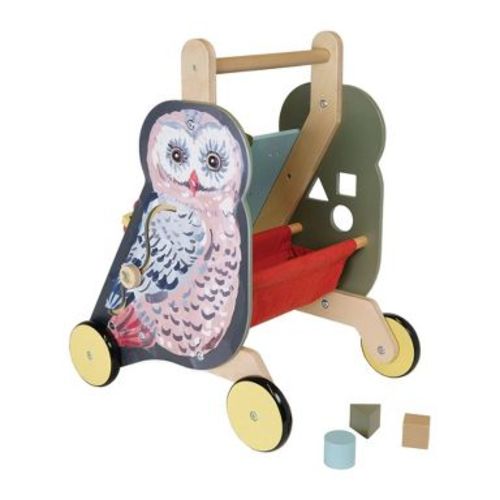 Manhattan Toy Wildwoods Owl Wooden Push Cart with Shape Sorter and Basket, Serrated Oval, Spinners, Bead Run and More